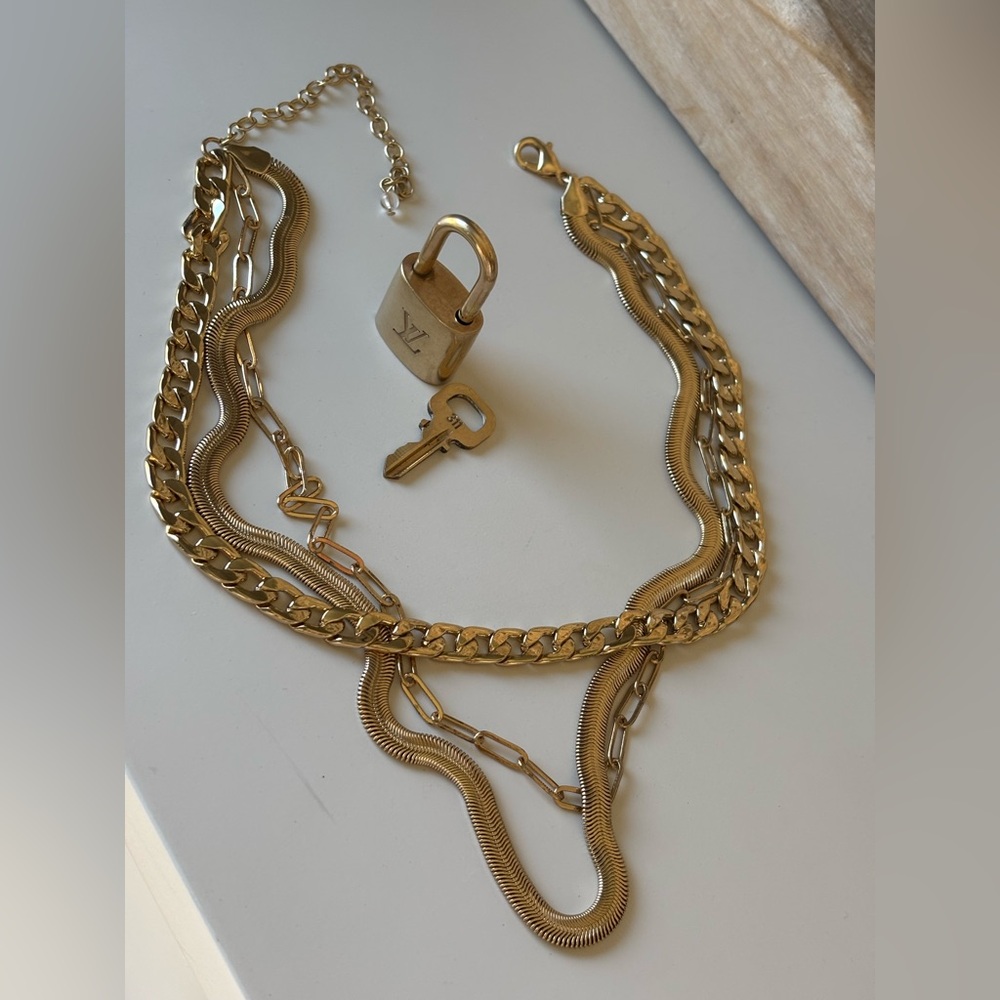 Louis Vuitton Gold Padlock & Key #311 on House of Harlow multi layer necklace - Picture 7 of 7
